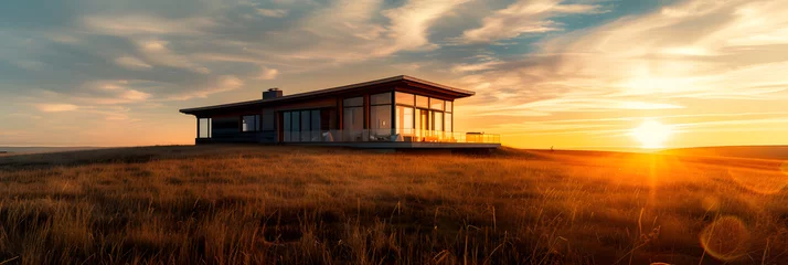 Foto op Plexiglas anti-reflex An illustration portraying a luxurious modern house with an expansive lawn, set against a captivating sunset backdrop. Creating a serene and tranquil landscape. © jex