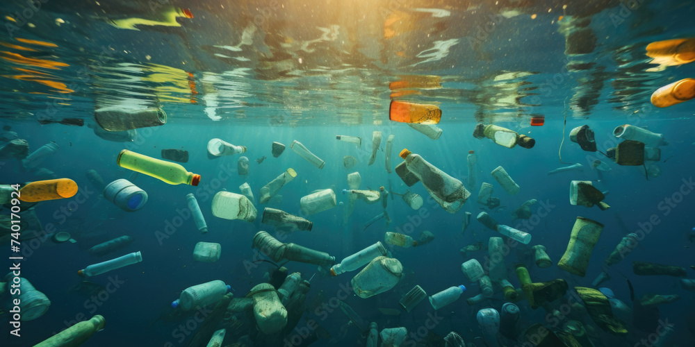 Poster plastic bottles floating in the ocean. suitable for environmental awareness campaigns