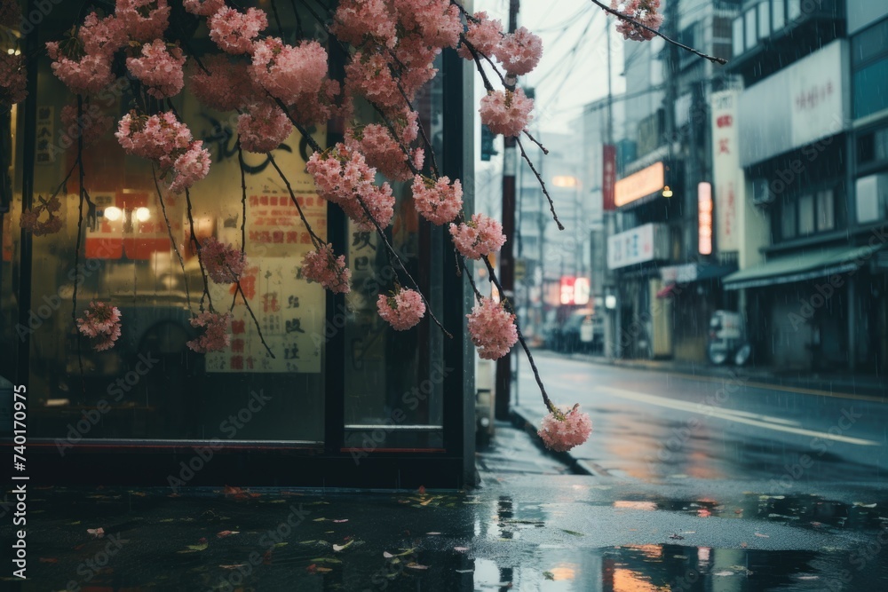 Poster A tree with pink flowers in front of a building. Suitable for architectural and nature themes