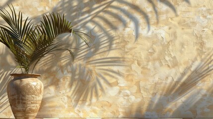 Palm tree shadows on a beige old wall. Mockup for design.