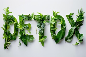 Detox word from fresh green leaves  on white background  - obrazy, fototapety, plakaty