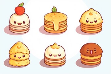 A set of cartoon pancakes with various toppings. Ideal for food and breakfast concepts