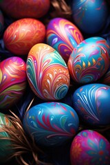 Fototapeta na wymiar Vibrant painted eggs displayed on a table, ideal for Easter or spring-themed projects