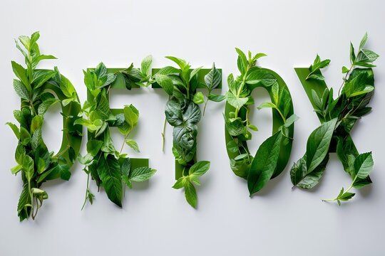 Detox word from fresh green leaves  on white background 