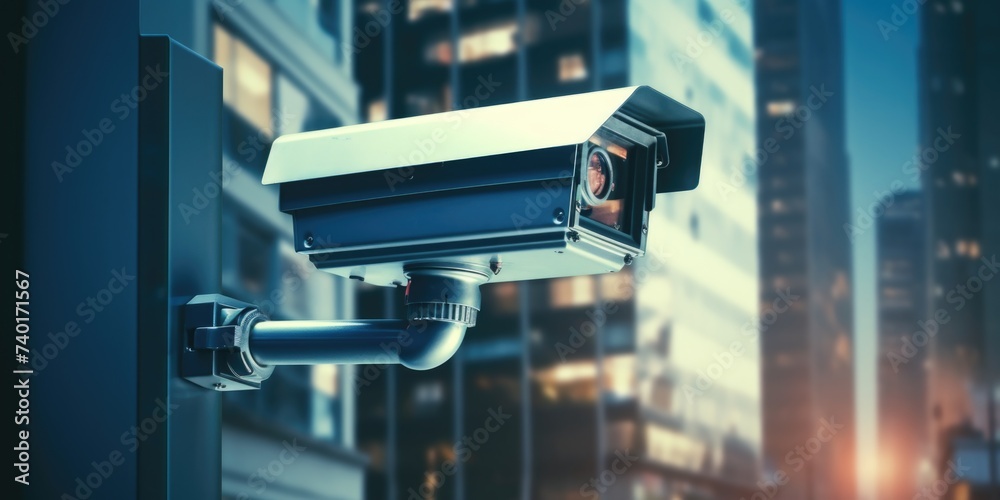 Poster security camera mounted on a building wall, suitable for surveillance concepts