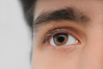 Young man with brown eyes on blue background, closeup. Glaucoma awareness month