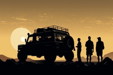 Fototapeta na wymiar Simplified drawing of a group of adventurers standing beside their off-road vehicles, depicted as silhouettes against a large moon