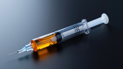Syringe with yellow liquid on a black background. The concept of vaccination . - obrazy, fototapety, plakaty