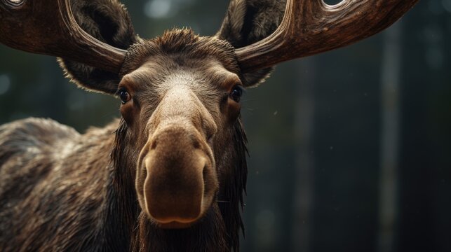 A close-up image of a moose with impressive large horns. Perfect for wildlife and nature themes
