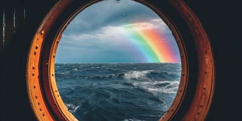 Fototapeta premium A vibrant rainbow is visible through a porthole in the ocean. Perfect for travel or nature themes
