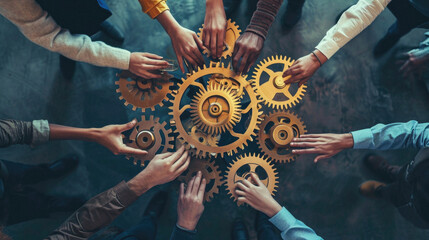 Teamwork Teamwork Togetherness Unity Connection Concept.Diverse Group of Business People Holding Cogwheels .