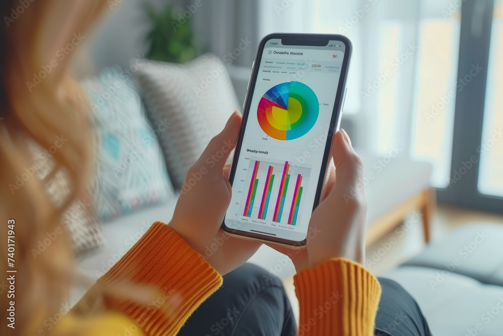 Poster a female holding a cell phone displaying a pie chart, representing data and statistics