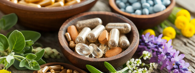 Obraz na płótnie Canvas Supplements and vitamins with Medicinal Herbs