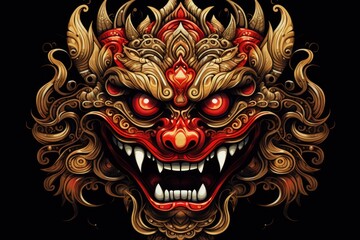 A striking red demon mask with intricate designs on a dark black background. Ideal for Halloween or costume party themes