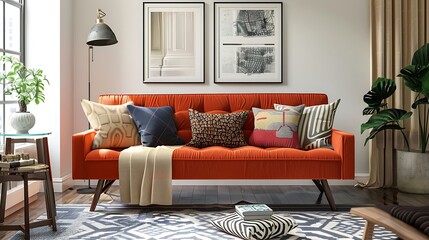 a guest room with a mid century modern sofa in vibrant orange, adding a pop of color to the neutral decor