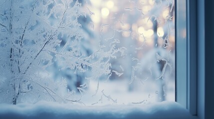 A serene view of a snowy forest through a window. Perfect for winter-themed designs