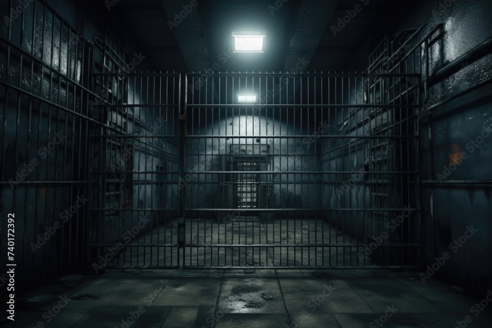 Poster a dimly lit jail cell with an open door. suitable for crime and punishment themes
