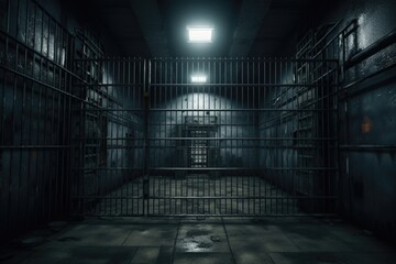 A dimly lit jail cell with an open door. Suitable for crime and punishment themes