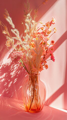 Bouquet of dried flowers in a vase on a pink background
