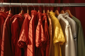 Obraz premium A variety of vibrant colored shirts hanging on a rack. Perfect for clothing stores or fashion blogs