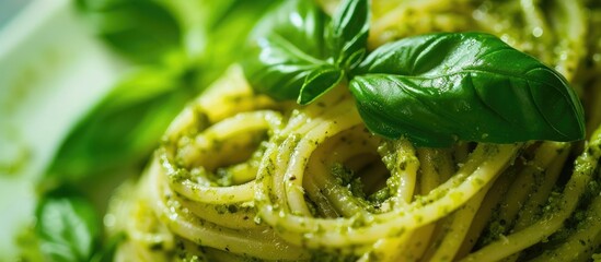 This close-up photo showcases a plate of pasta topped with a vibrant green pesto sauce, highlighting the delicious textures and colors of this classic Italian dish.