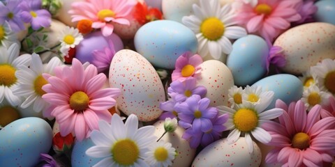 Close up of a bunch of eggs with flowers. Perfect for Easter decorations