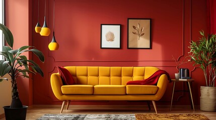 a guest room with a mid century modern sofa in mustard yellow, creating a retro inspired ambiance