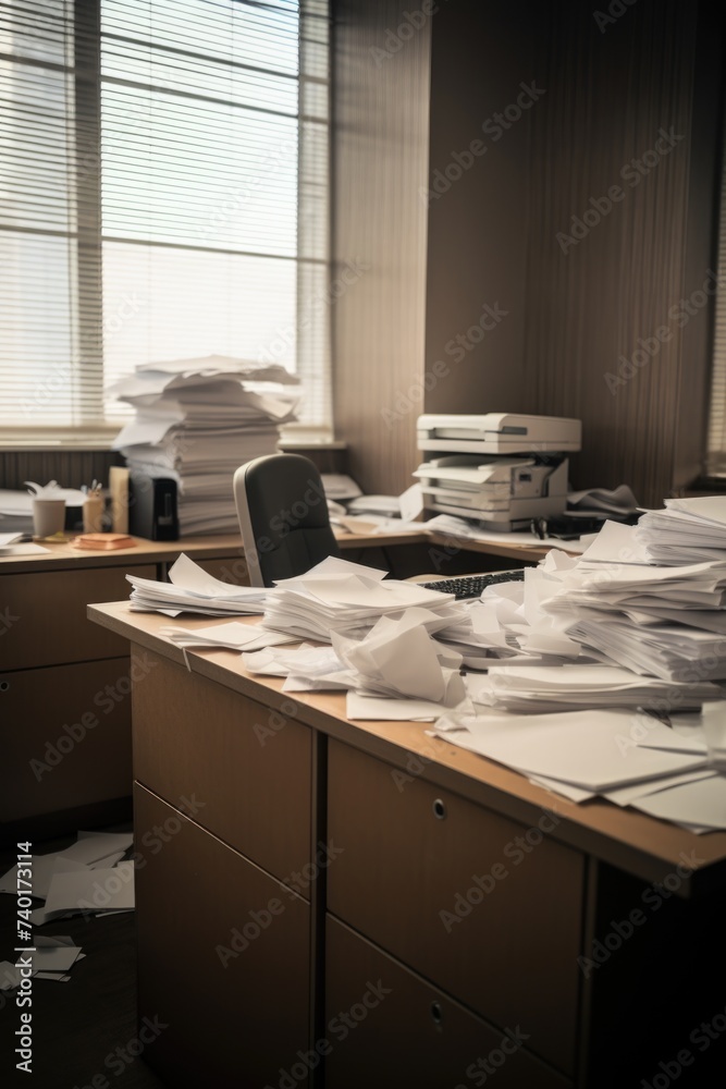 Poster cluttered desk with scattered papers, suitable for office or organization concepts