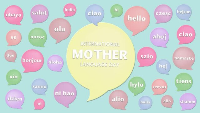 animation looping international mother language day with greetings from various languages 