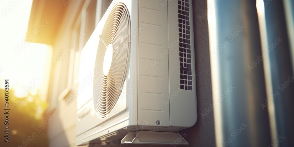 Poster white air conditioner unit on the side of a building, suitable for illustrating hvac concepts