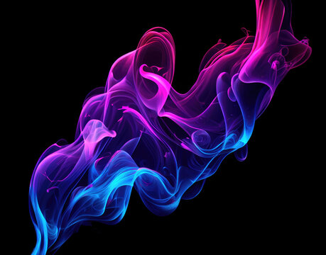 Neon blue and pink multicolored swirl smoke on black background, glowing of smoke a blue and purple swirl puff cloud on a dark background
