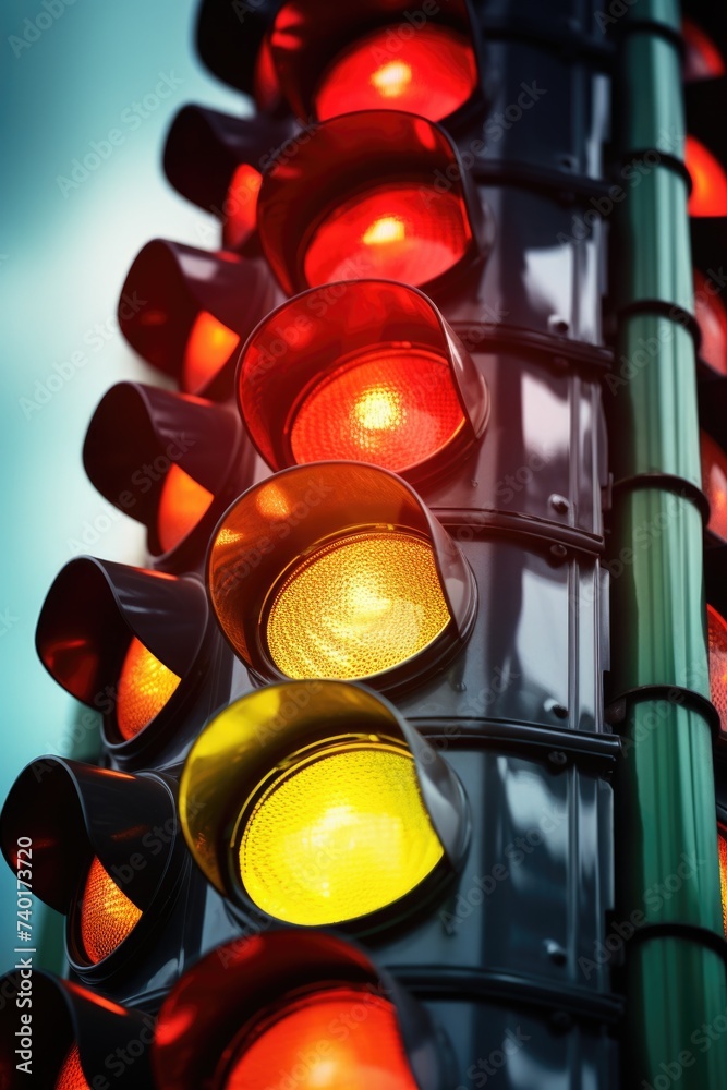 Poster close up of a traffic light with red and yellow lights. suitable for transportation and urban concep