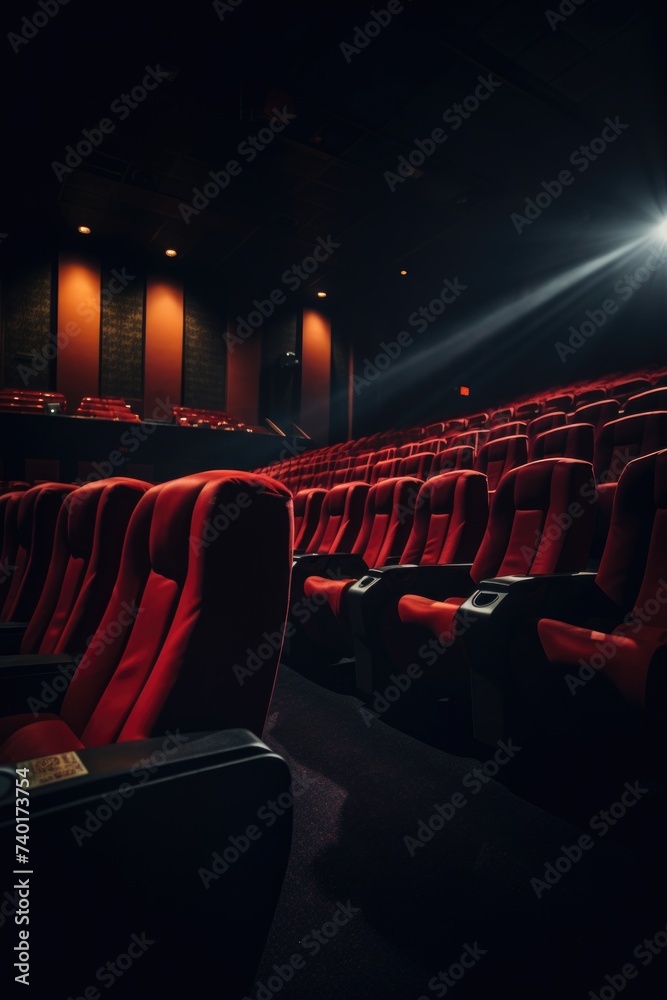 Poster A deserted theater with red seats and a single spotlight. Suitable for theater or performance concepts