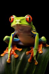 A frog sitting on top of a green leaf. Perfect for nature and wildlife concepts