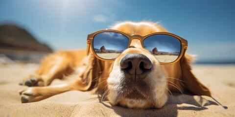 Cute dog wearing sunglasses relaxing on a sandy beach. Perfect for summer vacation concepts - obrazy, fototapety, plakaty