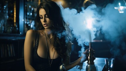 A woman enjoying a hookah in a cozy bar setting. Perfect for lifestyle and relaxation concepts - obrazy, fototapety, plakaty