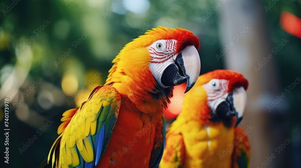 Poster two vibrant parrots side by side, suitable for various projects