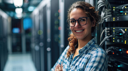 Portrait of happy young woman standing with arms crossed in data center
