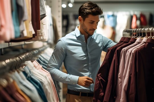 A personal shopper meticulously chooses shirts at a men's boutique. Concept Personal Shopping, Men's Fashion, Styling Tips, Boutique Experience, Shirt Selection