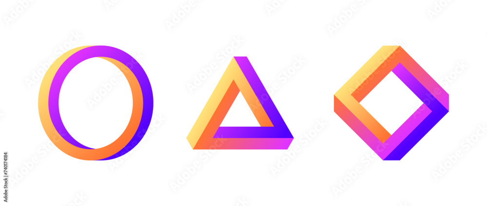 Poster impossible shape set. colorful optical illusion circle, square, triangle. gradient mobius strip coll