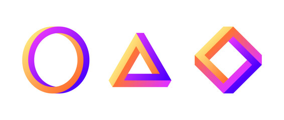 Impossible shape set. Colorful optical illusion circle, square, triangle. Gradient mobius strip collection. Abstract unreal geometric forms. Puzzle design elements for logo, icon, label, tag. Vector
