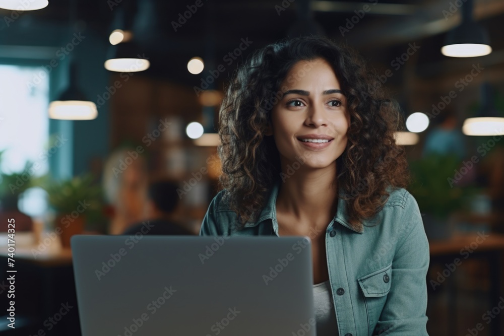 Aufkleber a woman sitting in front of a laptop computer. suitable for business and technology concepts