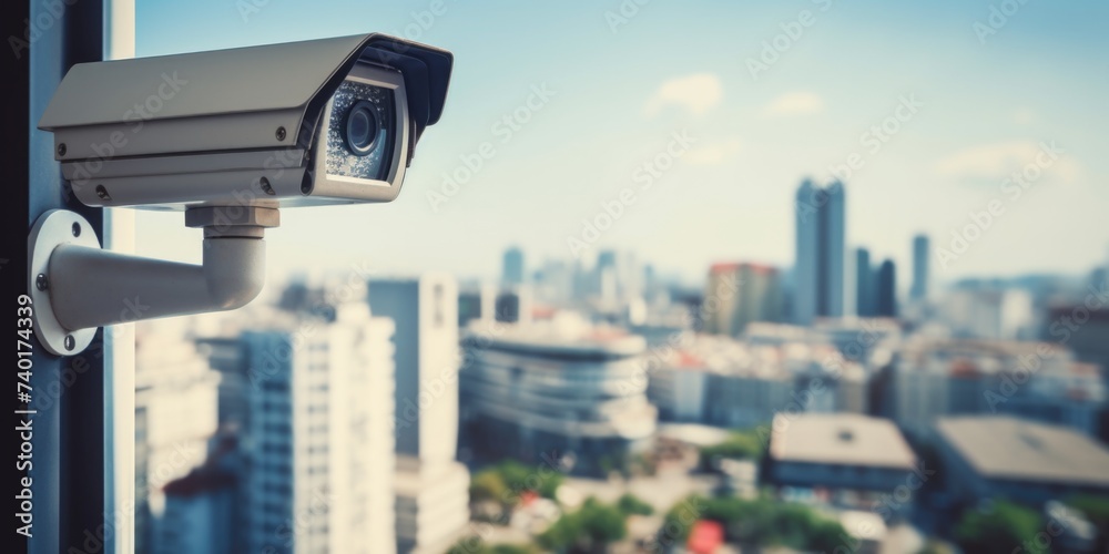 Poster A security camera mounted on a building. Suitable for security and surveillance concepts