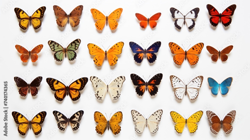 Poster colorful butterflies gathered on a plain white background. suitable for various design projects