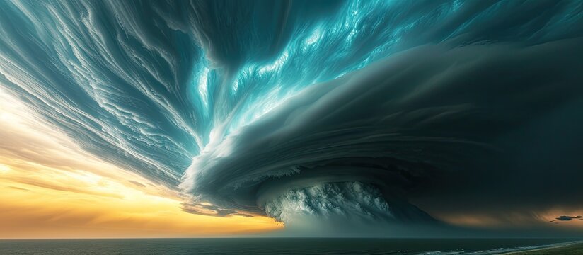 A colossal wave forcefully emerges from the ocean, surrounded by tumultuous billowing clouds.
