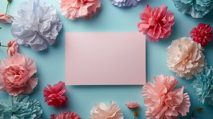 Obraz premium Paper flower frame turquoise background. Vintage background with paper flower frame. Set of color plants