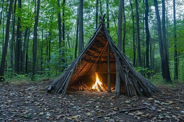 Wilderness survival workshop in a remote forest Teaching essential outdoor skills like fire-making Shelter building And foraging for food and water.