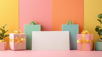 Minimal concept. outstanding gift box and ribbon on pink and yellow background. blank frame on it