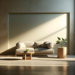 This image exudes a sense of calm and modern sophistication with a minimalist living room basking in the soft glow of natural light, highlighting clean lines and elegant simplicity.