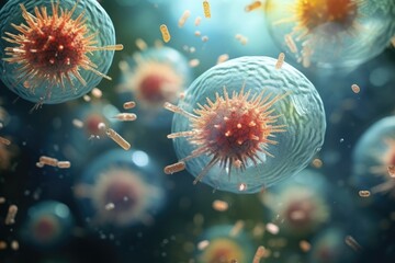 Fototapeta premium Molecular structure of cancer, blood, bacteries, inside view of healthy humany body. Generative Ai.